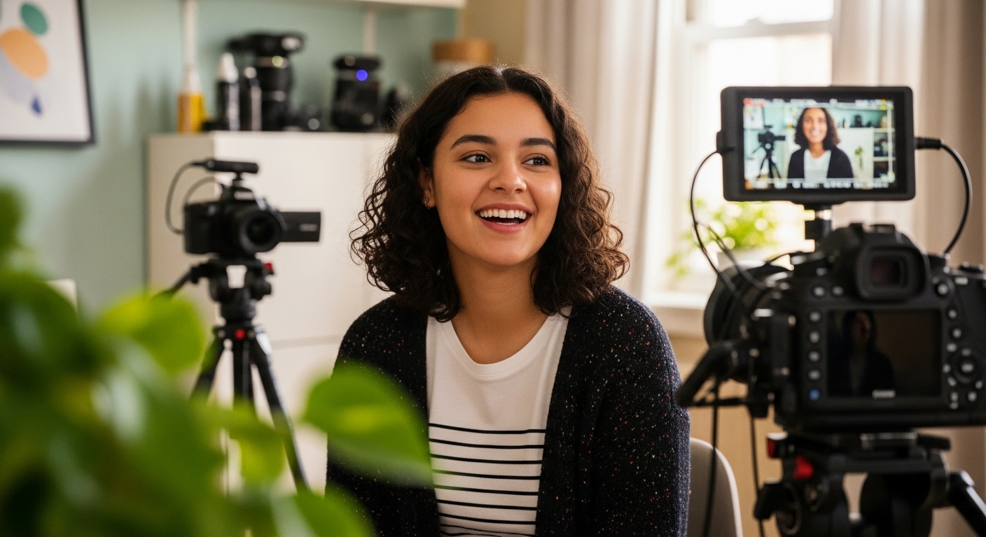 Curso Online: O Guia Definitivo para Transformar Sua Experiência em Receita 3 Criadora de conteúdo sorrindo em frente a uma câmera, gravando uma aula para seu curso online, demonstrando engajamento e profissionalismo no ensino digital.