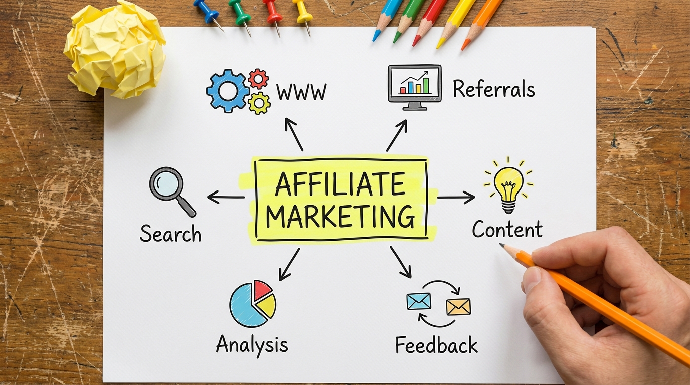Esquema visual explicando o funcionamento do Marketing de Afiliados, uma das principais formas de Como Ganhar Dinheiro na Internet com estratégias eficientes.