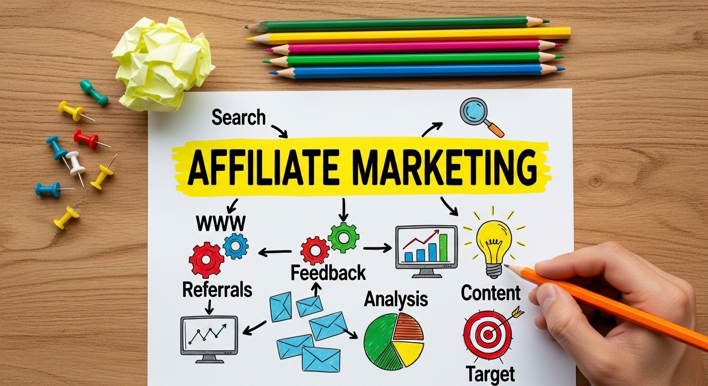 Afiliados e Dropshipping: Como Ganhar Dinheiro na Internet Sem Criar Produtos 1 Esquema visual explicando o funcionamento do Marketing de Afiliados, uma das principais formas de Como Ganhar Dinheiro na Internet com estratégias eficientes.