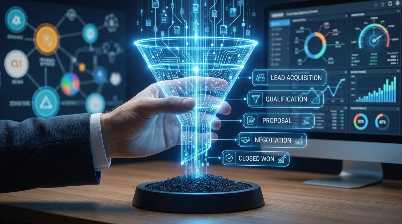 O Que é Funil de Vendas? Um Guia Para Iniciantes 1 Uma mão digitalmente ilustrada segura um funil azul brilhante que representa um fluxo de dados conectado em uma rede digital. A imagem simboliza a automação e o poder do funil de vendas para converter leads em clientes.