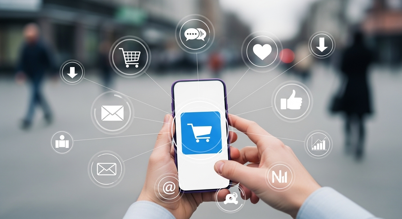 Mãos seguram um smartphone com ícones de interação digital flutuando ao redor. O e-commerce e os infoprodutos tornam-se cada vez mais acessíveis por meio da tecnologia móvel.