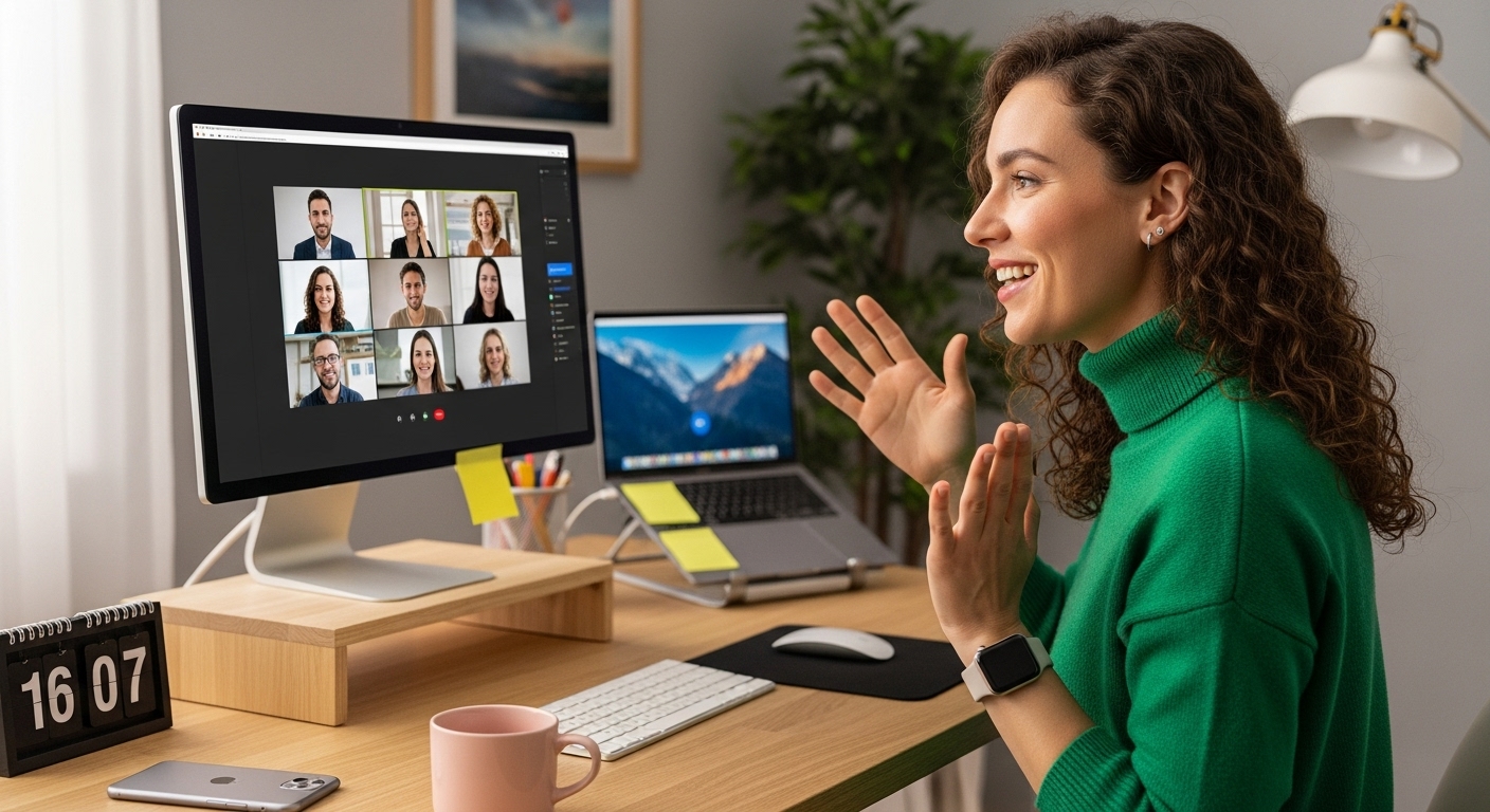 Mulher interagindo com colegas em uma vídeo chamada. A venda de infoprodutos pode ser potencializada com mentorias e cursos online para um contato mais próximo com os clientes.