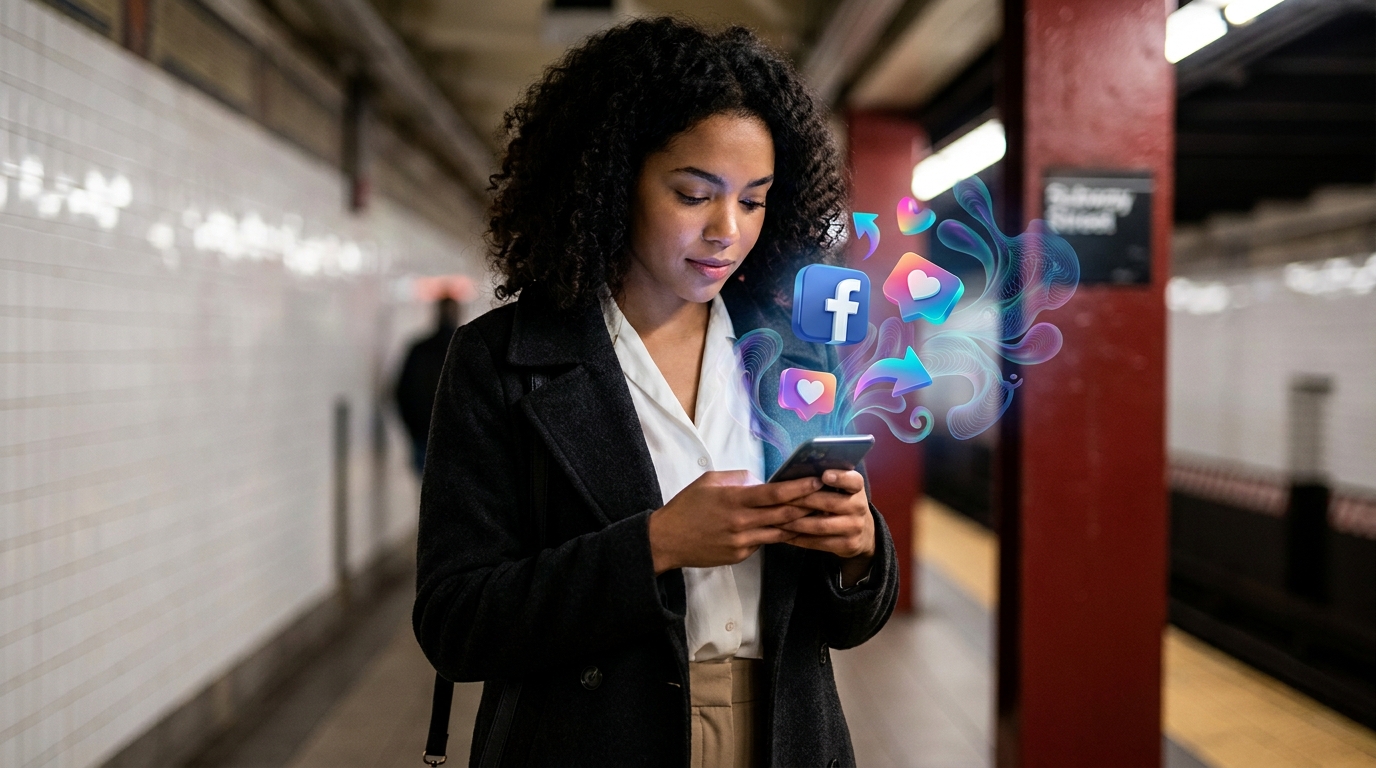 Jovem conectado às redes sociais no metrô, explorando novas oportunidades de Como Ganhar Dinheiro na Internet através de plataformas digitais.