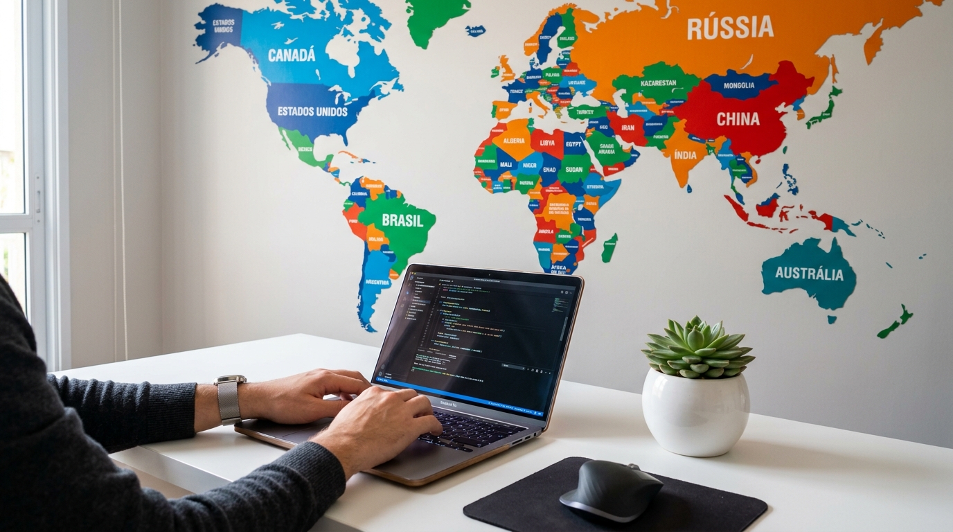 Uma pessoa trabalhando em um laptop com um mapa-múndi colorido na parede ao fundo. Embora as cores no mapa sejam usadas para distinguir países e não para aplicar a Psicologia das Cores, elas oferecem um visual vibrante no ambiente de trabalho.