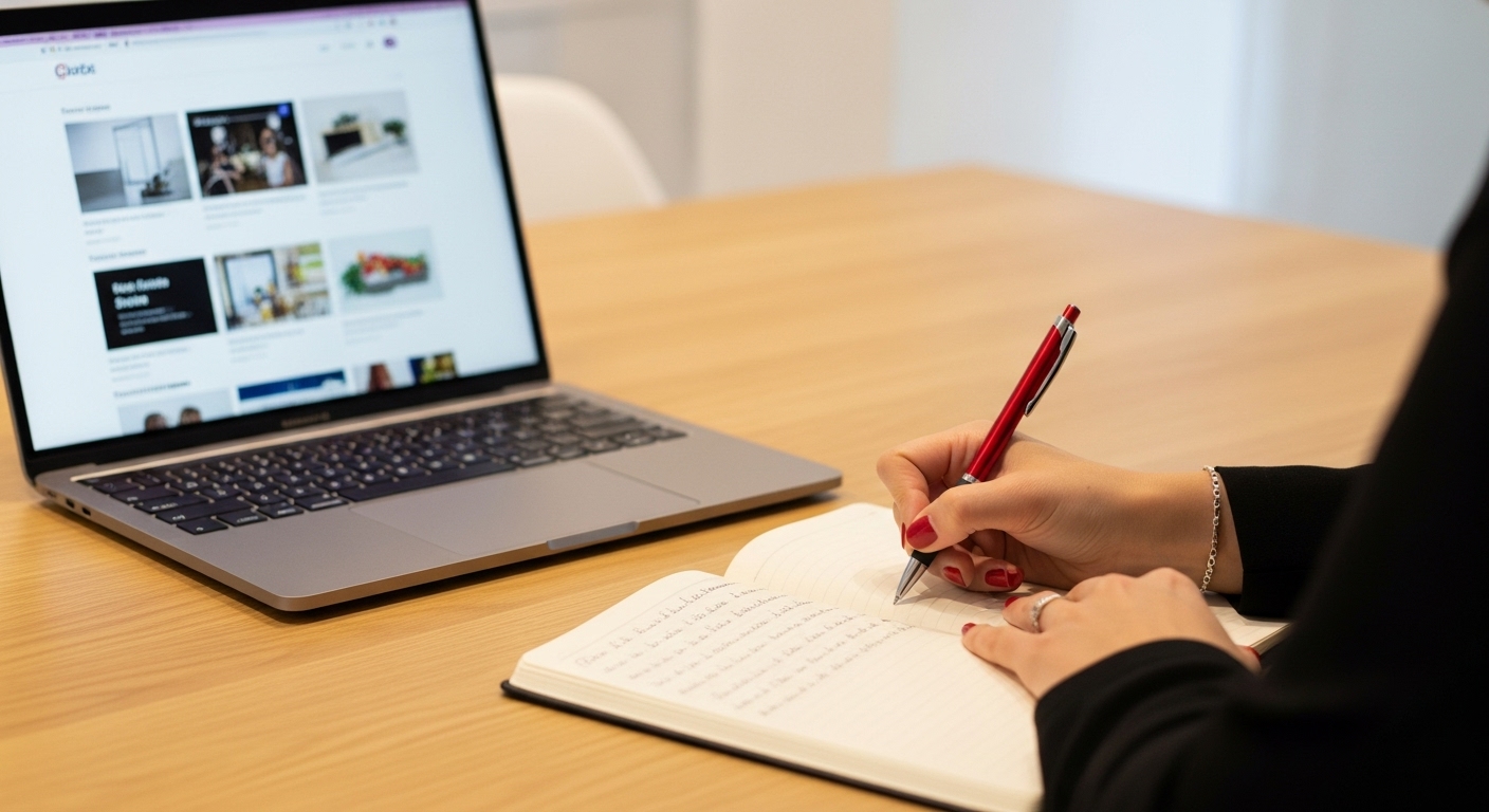 Pessoa anotando informações em um caderno ao lado de um laptop aberto com uma loja digital na tela. Criar infoprodutos demanda planejamento e estratégia para oferecer conteúdos de valor.