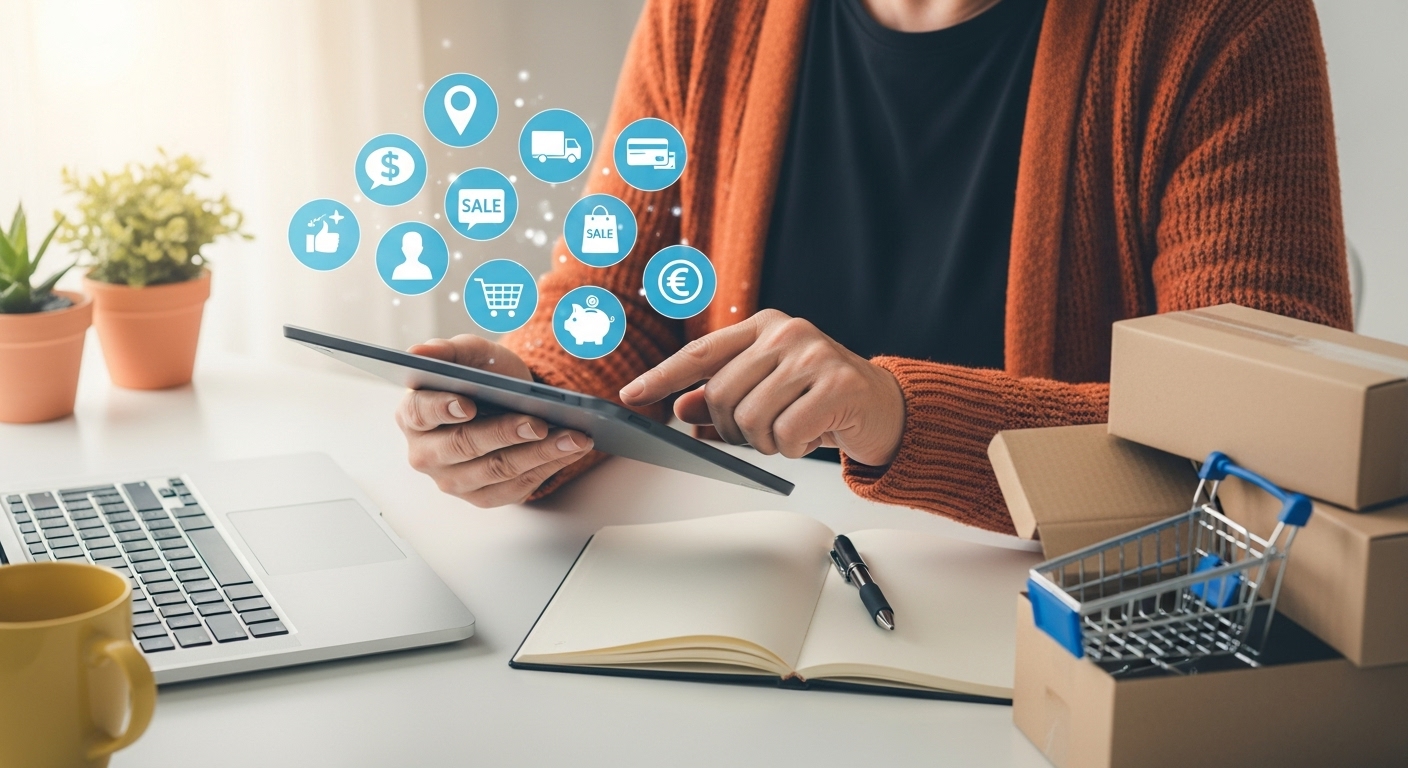 Curso Online: O Guia Definitivo para Transformar Sua Experiência em Receita 5 Pessoa utilizando um tablet para gerenciar um e-commerce, representando a importância de um curso online para empreendedores digitais que querem vender mais.