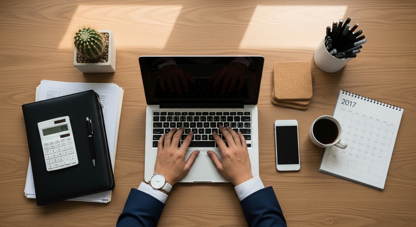 Curso Online: O Guia Definitivo para Transformar Sua Experiência em Receita 7 Profissional trabalhando em um laptop, rodeado por cadernos, calculadora e café, mostrando a dedicação e focos necessários para realizar um curso online com eficiência.
