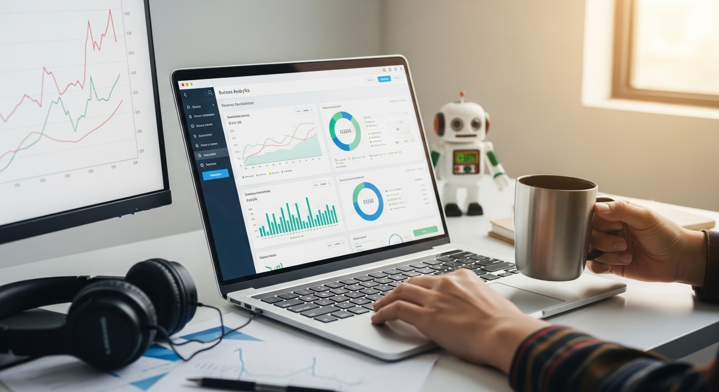 Conheça 20 alternativas de monetizar seu site! 1 Tela de um laptop exibindo gráficos e análises financeiras, sugerindo estratégias para monetizar sites e otimizar ganhos através de publicidade e investimentos.