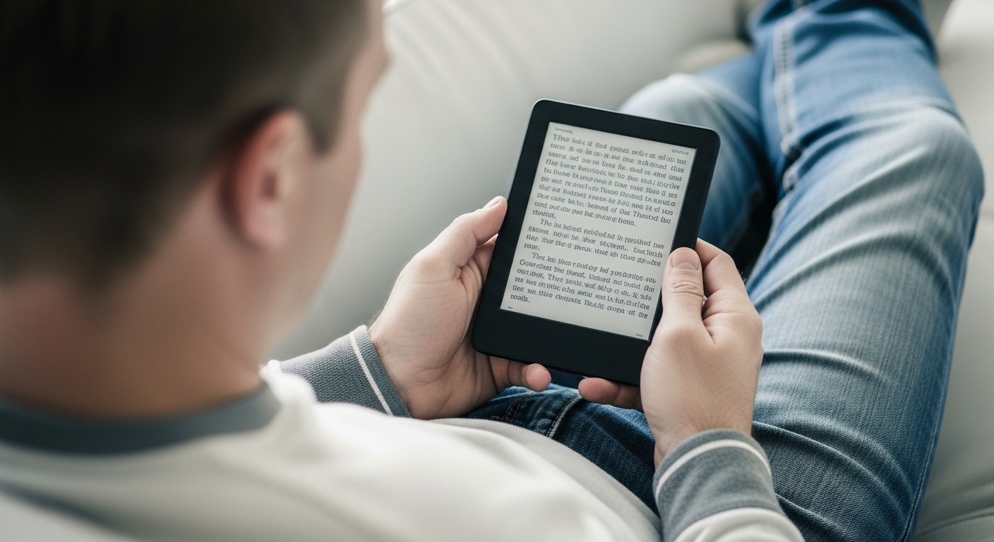 Um homem relaxa em um sofá enquanto lê um e-book em seu dispositivo digital. O consumo de infoprodutos como livros digitais tem se tornado uma alternativa conveniente para o aprendizado.