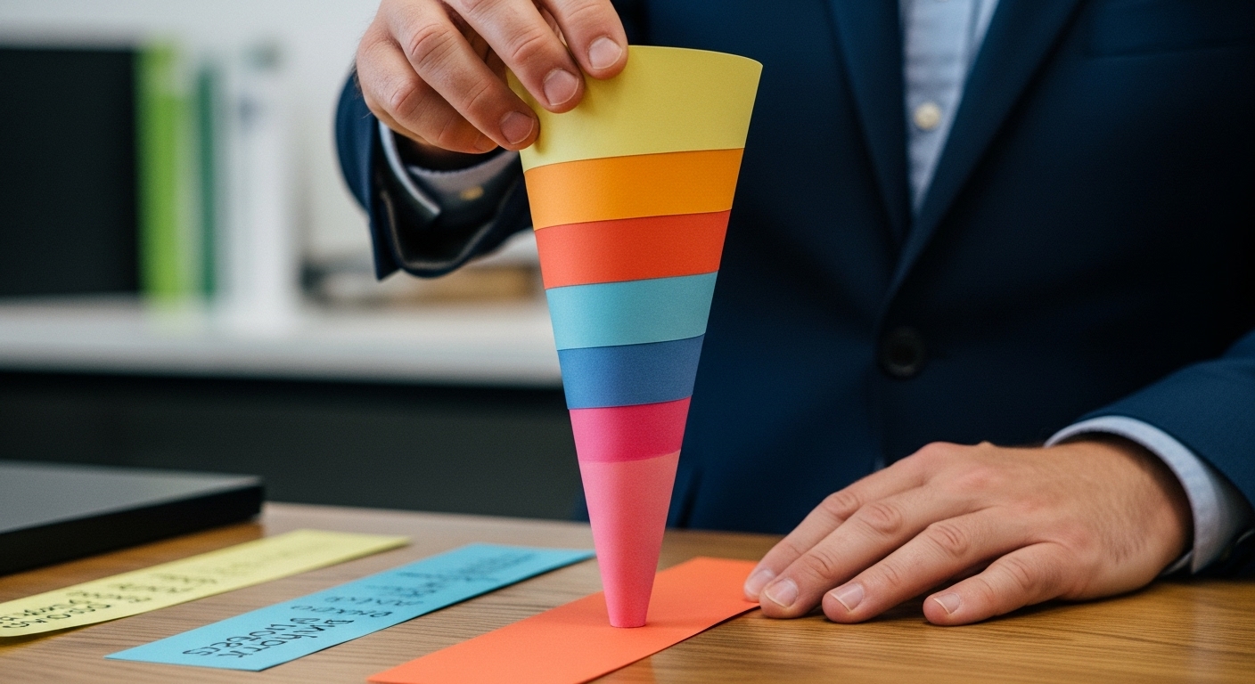 O que é Funil de Vendas? Um Guia para Iniciantes 1 Um modelo colorido de funil de vendas é colocado sobre uma mesa, sendo ajustado por um empresário. A cena representa o processo estratégico de nutrição de leads e otimização da jornada do cliente dentro de um funil de vendas .