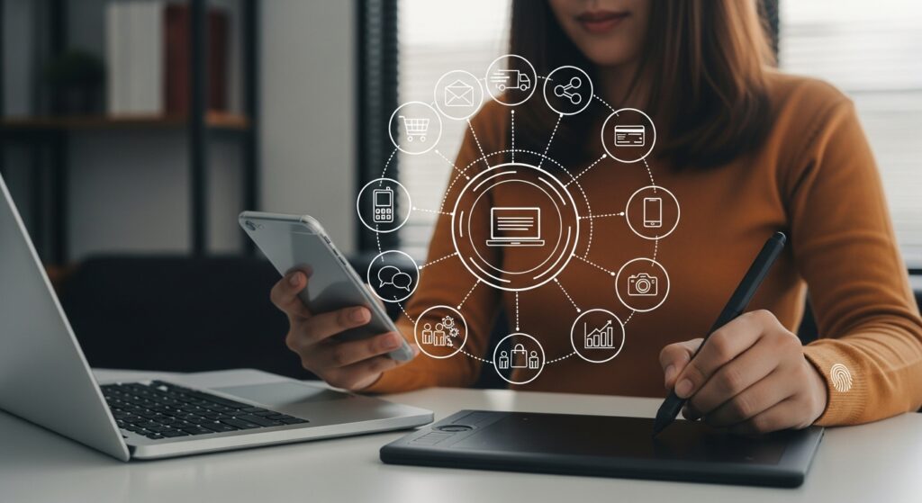 Uma mulher segura um smartphone enquanto interage com gráficos digitais flutuantes. Esse cenário representa a automação no marketing digital e o impacto dos infoprodutos na jornada de compra online.