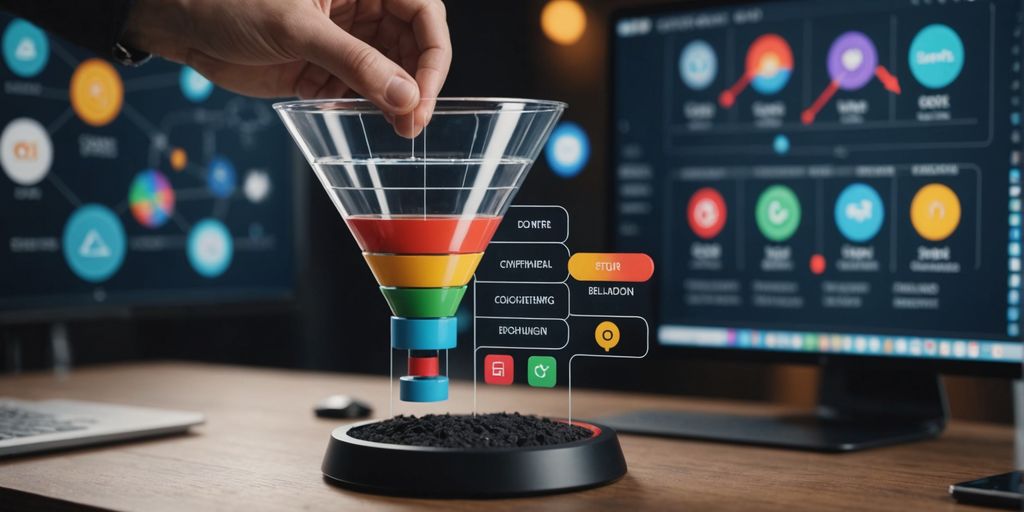 O Que é Funil de Vendas? Um Guia Para Iniciantes 1 Uma mão digitalmente ilustrada segura um funil azul brilhante que representa um fluxo de dados conectado em uma rede digital. A imagem simboliza a automação e o poder do funil de vendas para converter leads em clientes.