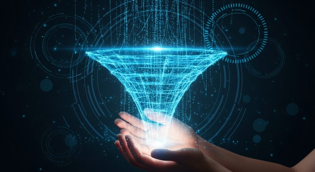 Uma mão digitalmente ilustrada segura um funil azul brilhante que representa um fluxo de dados conectado em uma rede digital. A imagem simboliza a automação e o poder do funil de vendas para converter leads em clientes.