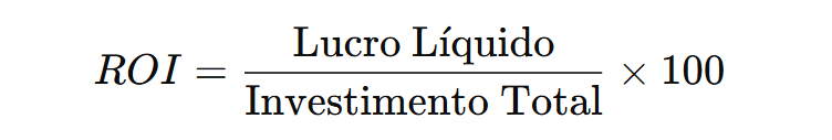 Fórmula matemática para calcular o ROI (Retorno sobre Investimento), um dos principais indicadores de desempenho utilizados no Marketing Digital.