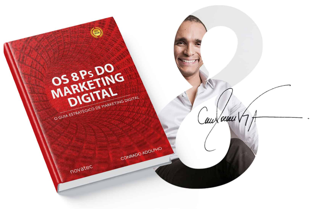 Livro "Os 8Ps do Marketing Digital" ao lado do autor Conrado Adolpho. Esse é um exemplo de infoproduto que ensina estratégias para negócios online.