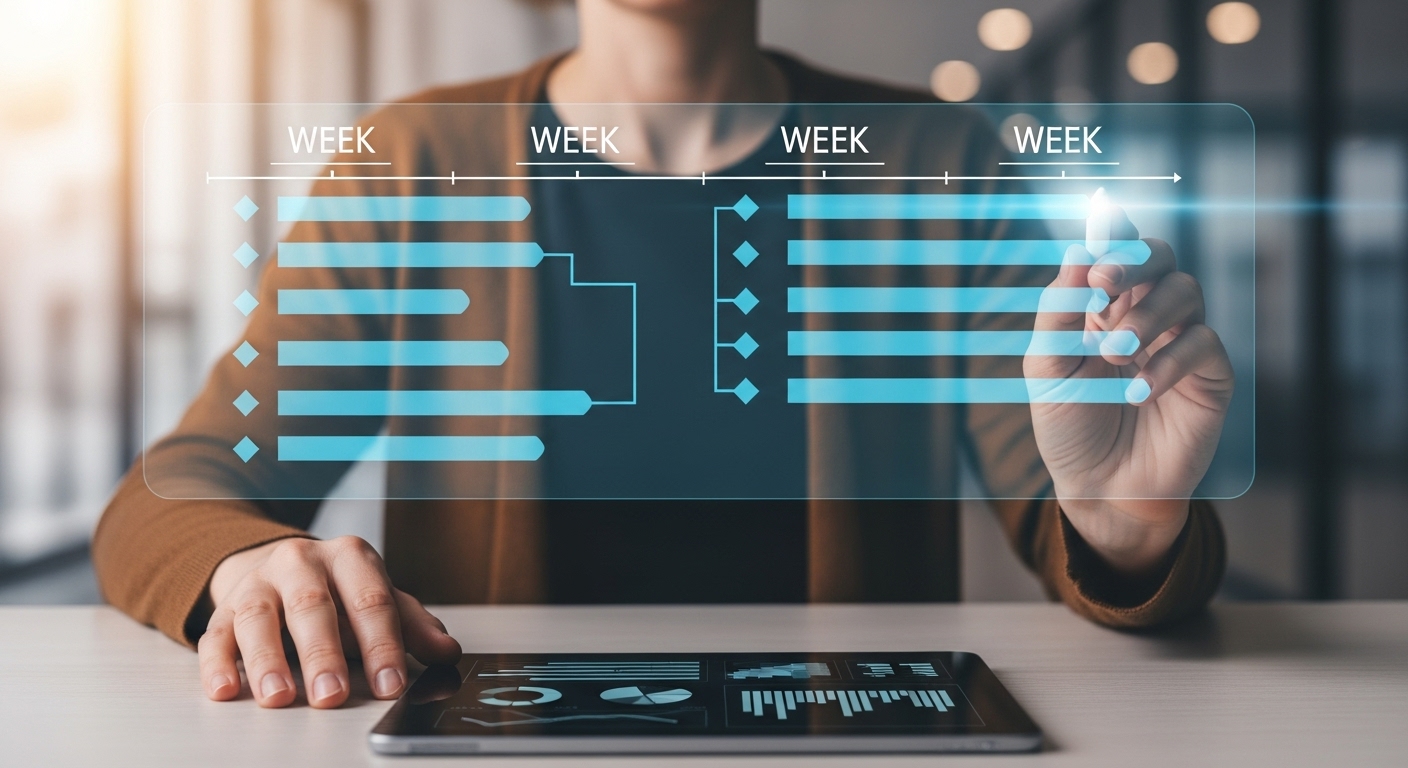 Curso Online: O Guia Definitivo para Transformar Sua Experiência em Receita 2 Mão interagindo com uma tela holográfica de planejamento semanal, mostrando organização e gestão de tempo para um curso online de produtividade.