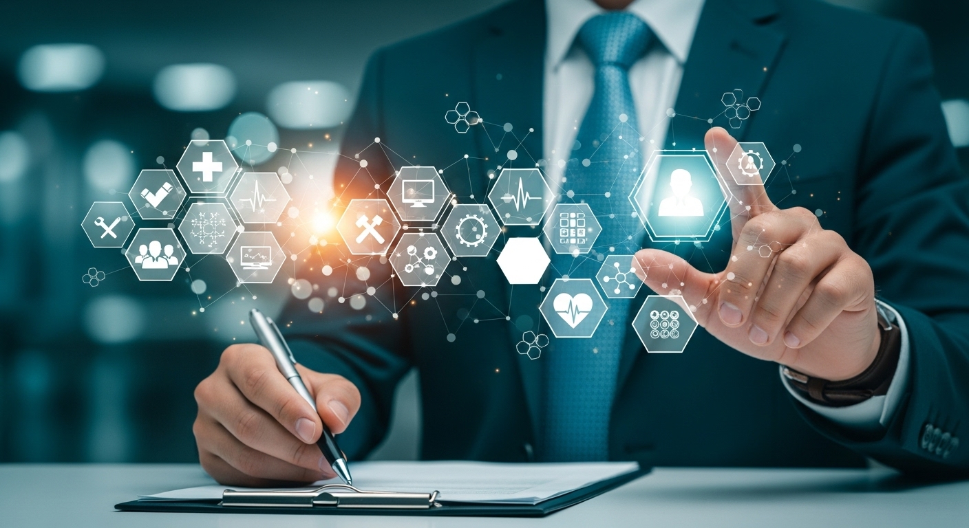 Curso Online: O Guia Definitivo para Transformar Sua Experiência em Receita 4 Profissional de terno tocando uma interface digital repleta de ícones relacionados ao aprendizado e tecnologia. Representa um curso online voltado para inovação digital.