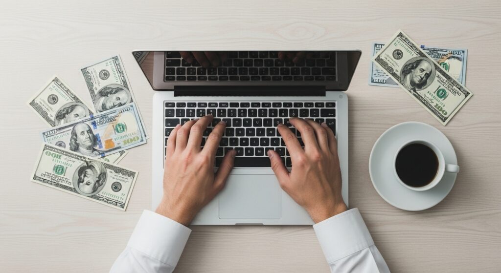 Mãos digitando em um notebook com várias notas de cem dólares espalhadas ao redor, representando a ideia de monetizar negócios online e aumentar a receita digital.