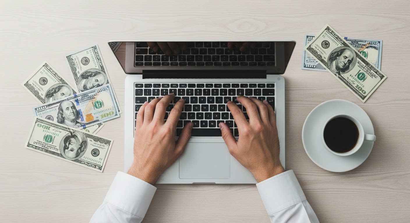 Mãos digitando em um notebook com várias notas de cem dólares espalhadas ao redor, representando a ideia de monetizar negócios online e aumentar a receita digital.