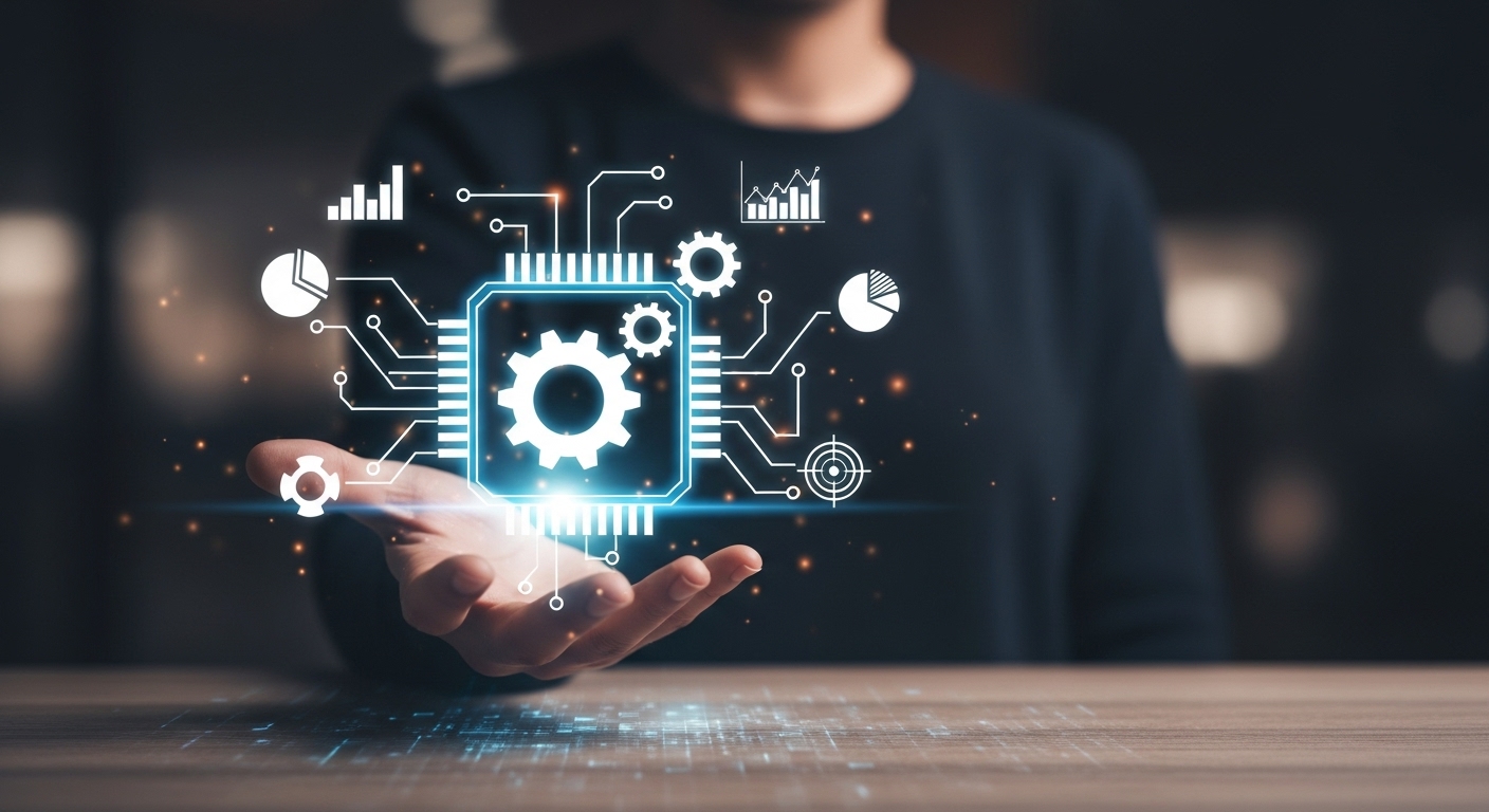 O que é Funil de Vendas? Um Guia para Iniciantes 3 Uma mão segura um holograma com engrenagens digitais, representando o funcionamento interno e a automação de processos dentro de um funil de vendas , otimizando cada etapa da conversão.