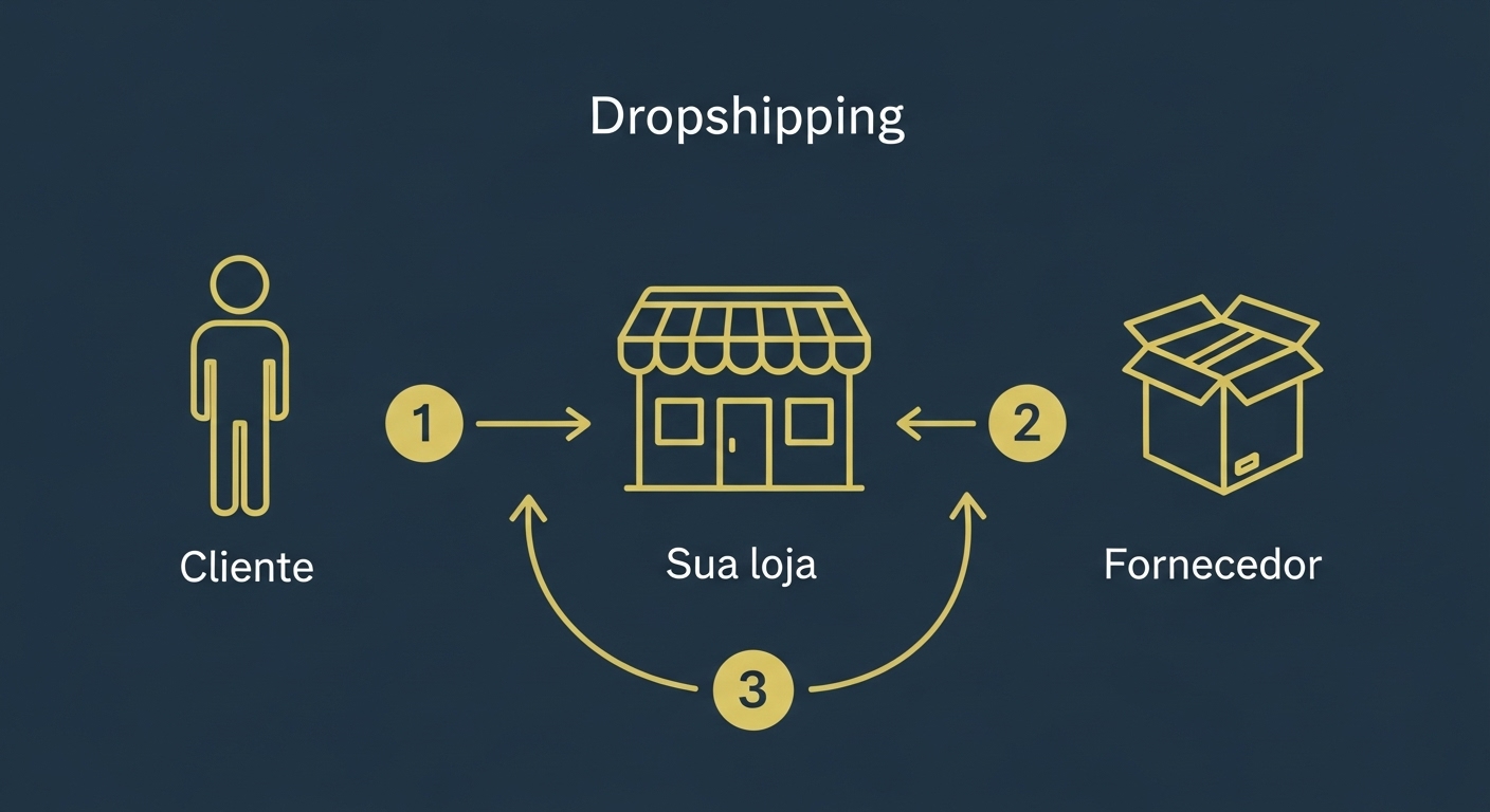 Afiliados e Dropshipping: Como Ganhar Dinheiro na Internet Sem Criar Produtos 2 Gráfico explicativo do modelo de negócios de Dropshipping, um método popular para quem deseja descobrir Como Ganhar Dinheiro na Internet sem estoque.