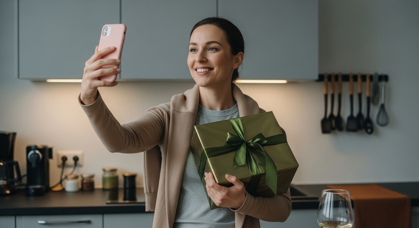 Uma mulher sorridente faz um vídeo com seu smartphone, segurando um presente, representando o marketing de influência. Criadores de conteúdo frequentemente exploram essa estratégia para descobrir como ganhar dinheiro na internet com parcerias e patrocínios.