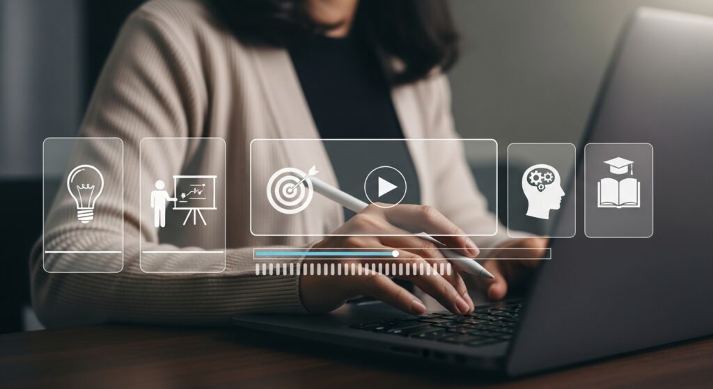 Uma pessoa escrevendo em um laptop, com um vídeo educacional holográfico na tela. Representa um curso online , ideal para quem busca aprendizado digital acessível.