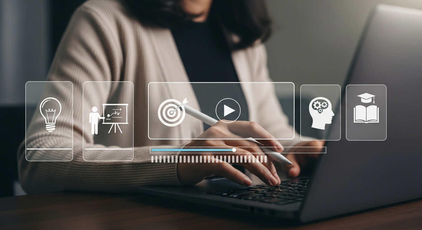 Uma pessoa escrevendo em um laptop, com um vídeo educacional holográfico na tela. Representa um curso online , ideal para quem busca aprendizado digital acessível.