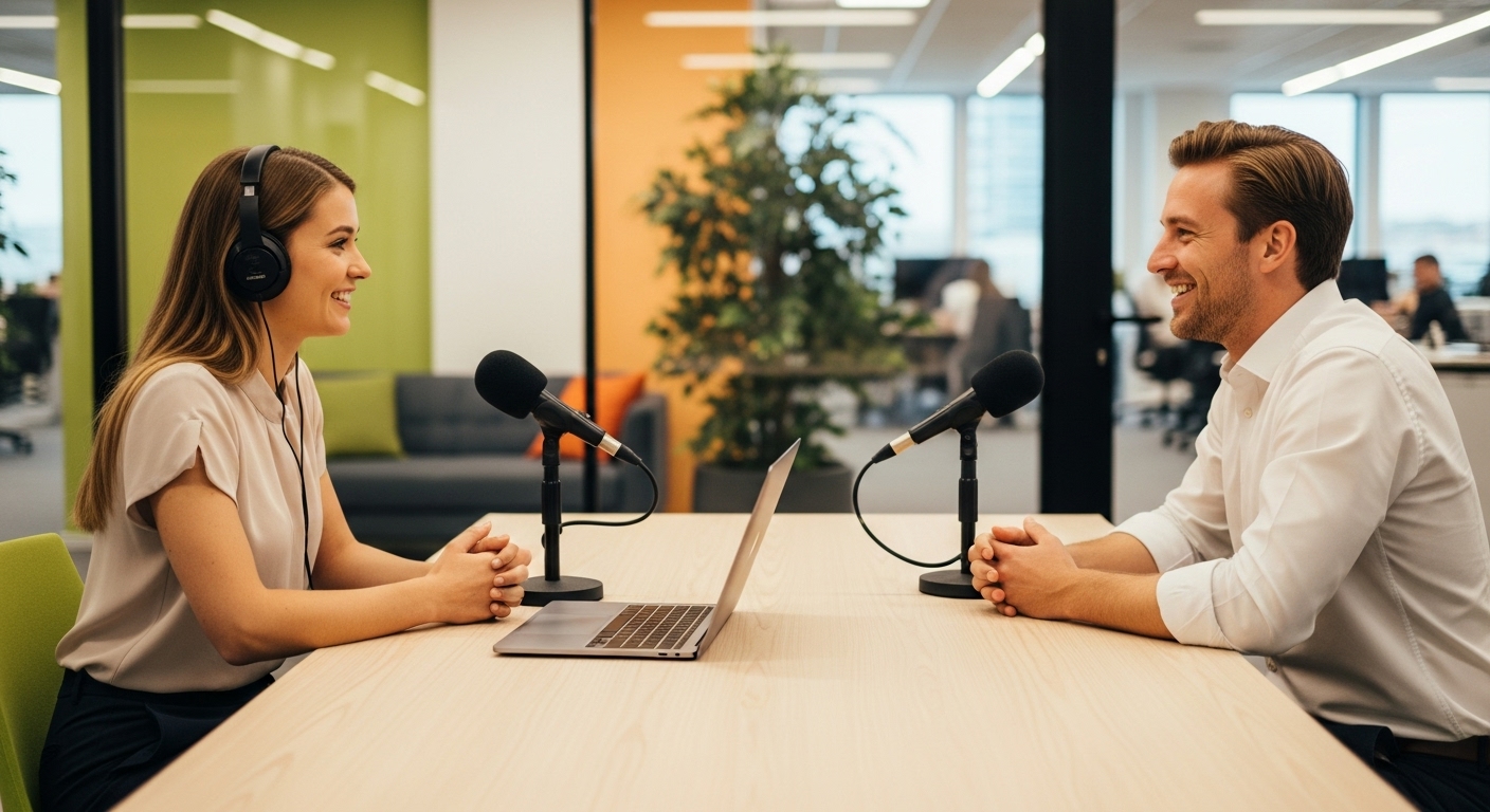 Dois profissionais gravaram um podcast em um estúdio. O áudio digital é uma ferramenta poderosa para monetização de infoprodutos , gerando valor e conexão com a audiência.
