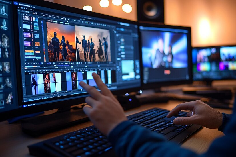 Um editor de vídeos utilizando dois monitores para ajustar cenas e efeitos visuais em um projeto cinematográfico. A interface do software exibe uma linha do tempo detalhada com diversas camadas de edição.