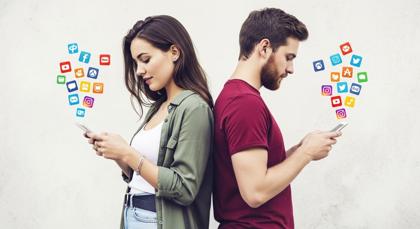 Tudo sobre Social Media: Descubra o que É, Principais Funções e Salários no Mercado Atual 3 Casal de costas um para o outro, cada um usando um smartphone, com ícones coloridos de redes sociais saindo das telas. A influência da Social Media na vida das pessoas pode se aproximar ou distanciar das conexões reais.