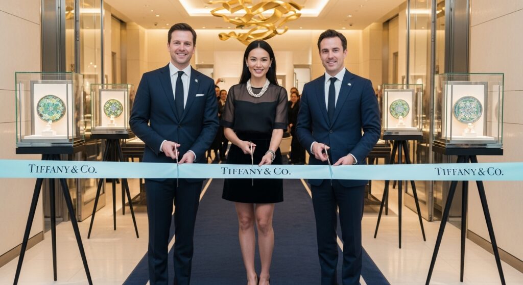 Cerimônia de inauguração da Tiffany & Co. com três executivos cortando a fita azul, simbolizando o compromisso da empresa em atrair e encantar novos clientes em um ambiente corporativo elegante e moderno.
