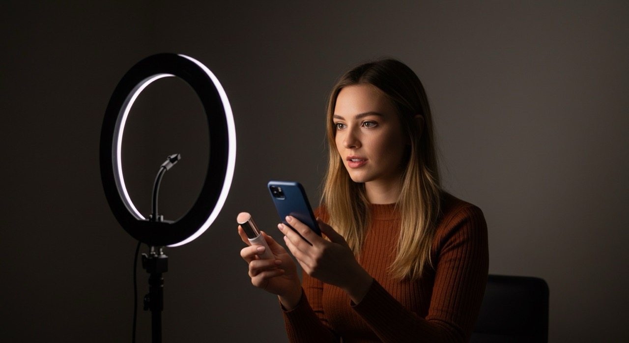 Criadora de conteúdo com ring light produzindo material para redes sociais. Usando smartphone e maquiagem, ela demonstra como influenciadores digitais ajudam marcas a gerar leads qualificados através de conteúdo autêntico e engajador.