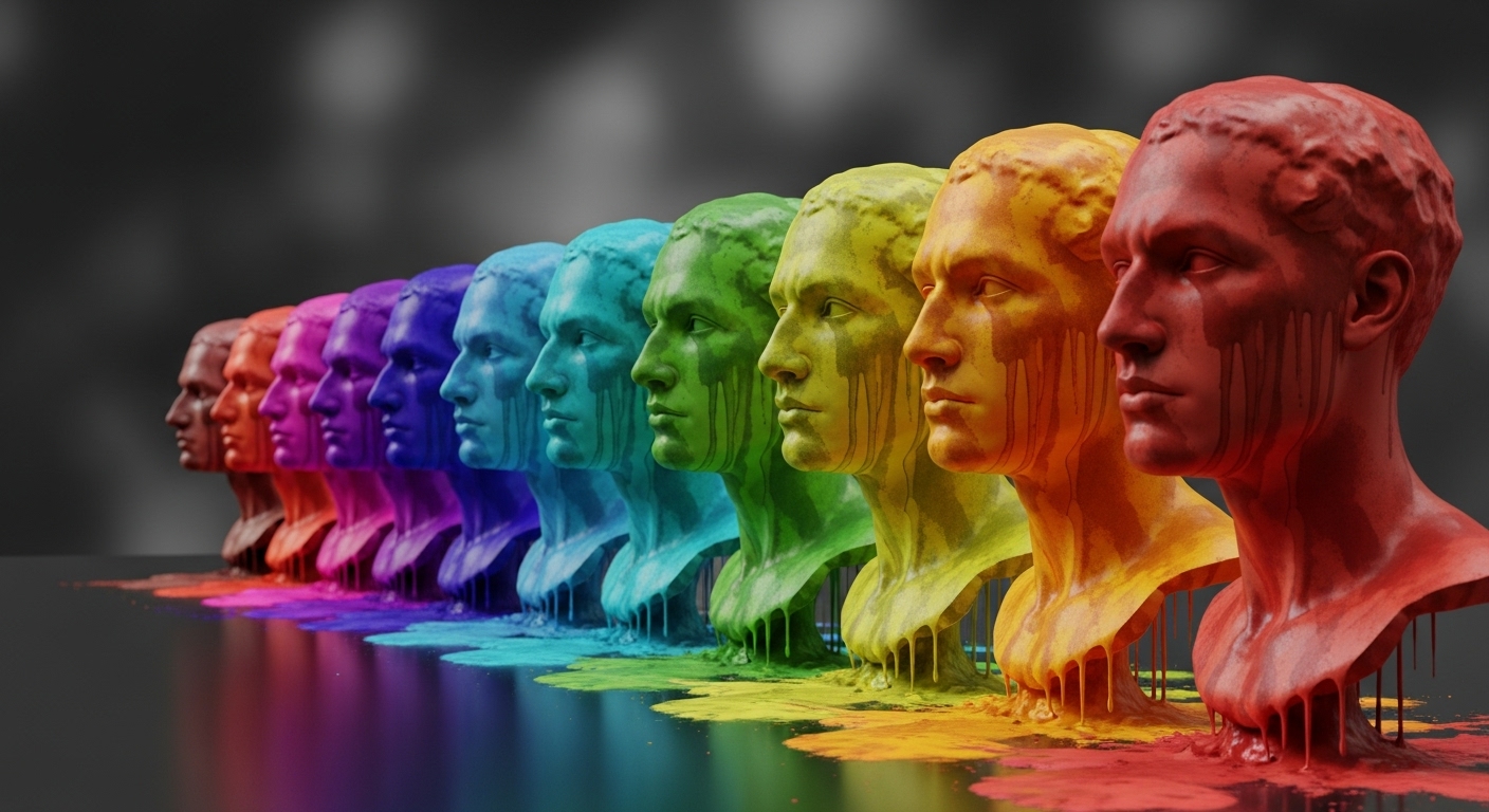 Como a Psicologia das Cores Pode Aumentar a Confiança e Fidelidade do Cliente 1 Escultura de bustos humanos coloridos em um gradiente de cores do arco-íris, com tinta escorrendo. A Psicologia das Cores pode ser explorada aqui, com cada cor representando um significado emocional, como dinamismo, energia e paz.