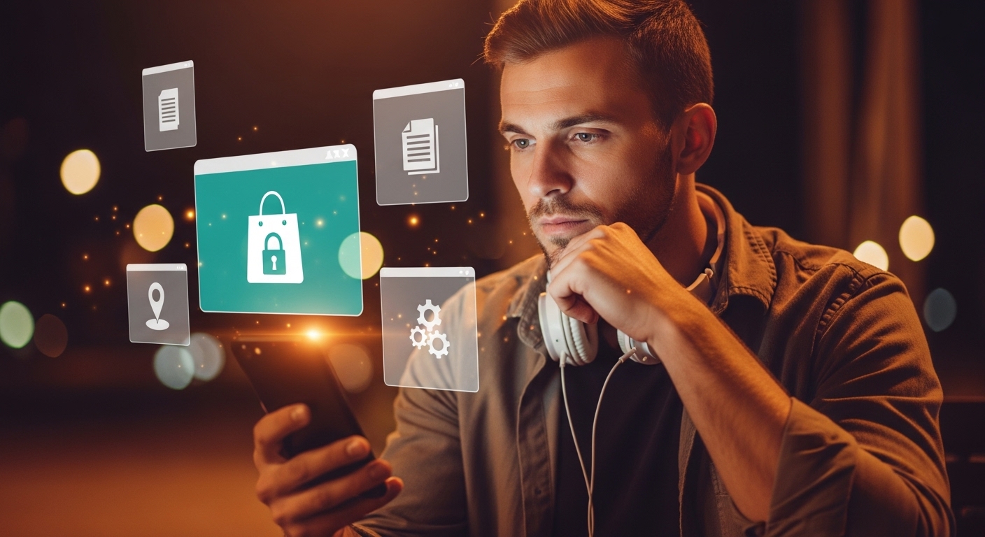 Tudo sobre Social Media: Descubra o que É, Principais Funções e Salários no Mercado Atual 6 Homem sentado ao ar livre à noite, analisando seu smartphone, com gráficos e ícones digitais flutuando à sua frente. A Social Media não é apenas entretenimento, mas também uma ferramenta essencial para negócios e networking digital.