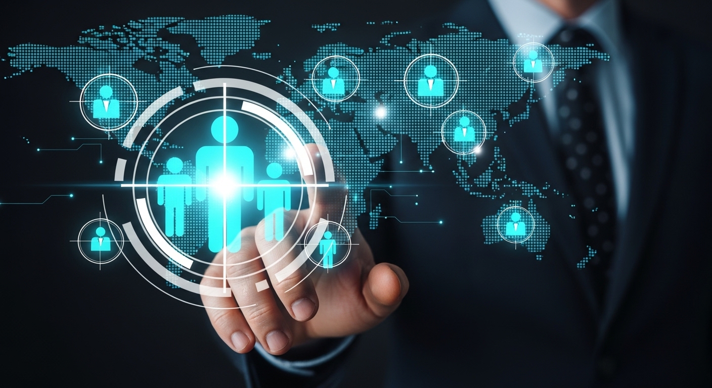O que é Funil de Vendas? Um Guia para Iniciantes 2 Um profissional toca uma tela interativa onde ícones de pessoas são destacados em um mapa mundial, simbolizando a segmentação do público-alvo dentro de um funil de vendas digital.