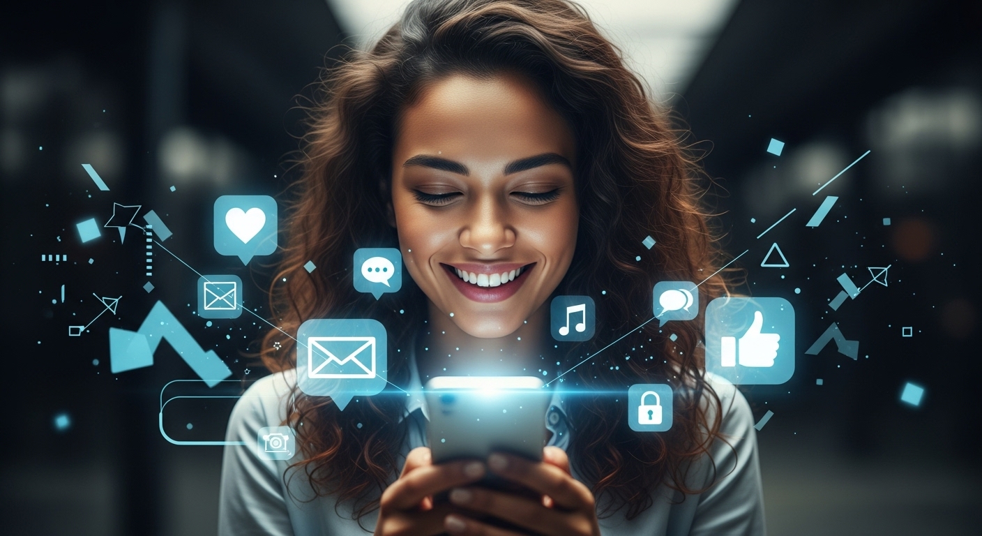 Tudo sobre Social Media: Descubra o que É, Principais Funções e Salários no Mercado Atual 5 Jovem em um ambiente escuro, oculto no smartphone, cercado por ícones digitais de redes sociais brilhando ao seu redor. O universo das social media cria um ambiente de conexão e interação virtual constante.