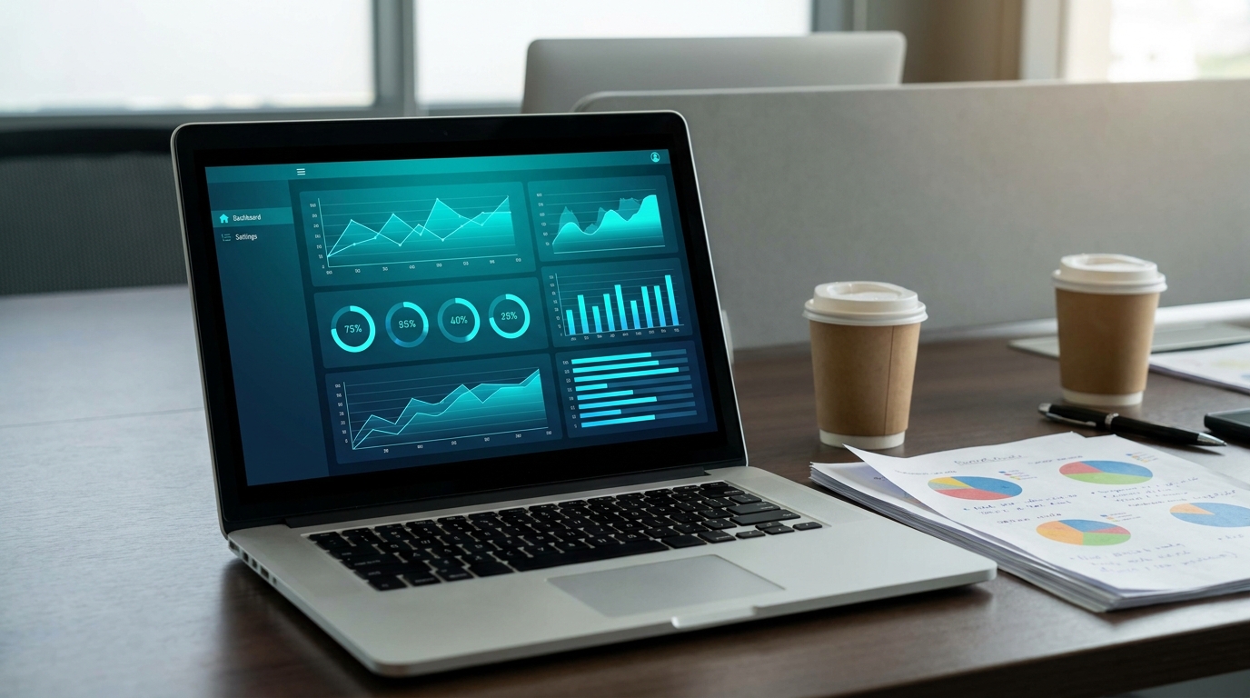 Como o Marketing Digital pode Transformar seu Negócio e Multiplicar seus Lucros 4 Tela de laptop exibindo um painel de análise de dados com métricas e gráficos, representando a mensuração de resultados no marketing digital.