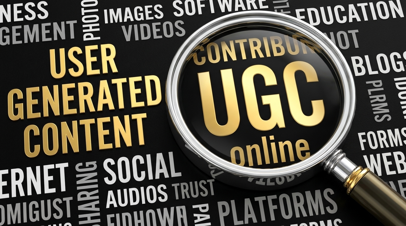 Tendências de Marketing de Conteúdo para 2025: O Que Está em Alta e Como Aplicar 2 Lupa ampliando as letras "UGC" (User Generated Content) em dourado, sobre um fundo escuro com várias palavras relacionadas à mídia digital. Demonstra a importância do conteúdo gerado pelo usuário como estratégia eficaz de Marketing de Conteúdo.