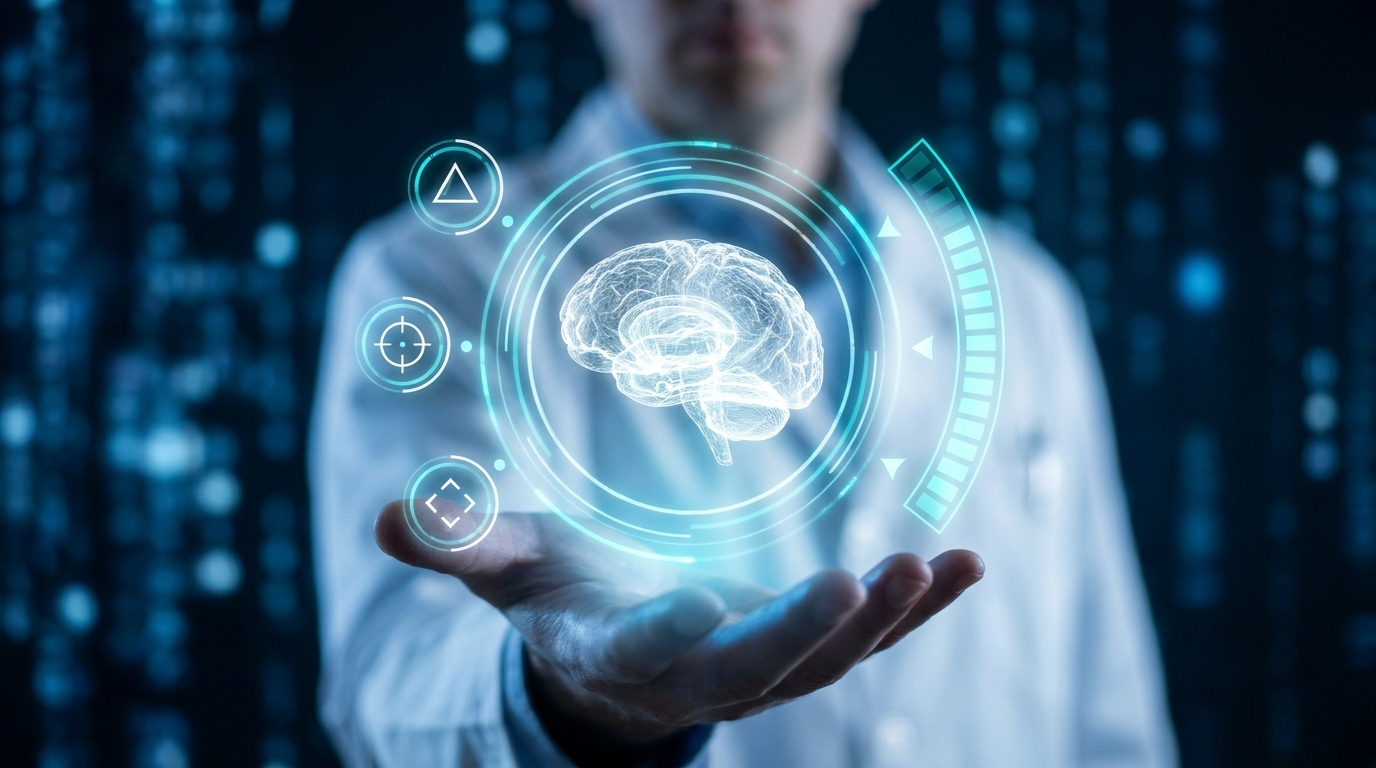 Homem interagindo com elementos gráficos digitais representando um cérebro e dados visuais futuristas. A imagem remete à conexão entre tecnologia, mente humana e os gatilhos mentais aplicados na tomada de decisões.