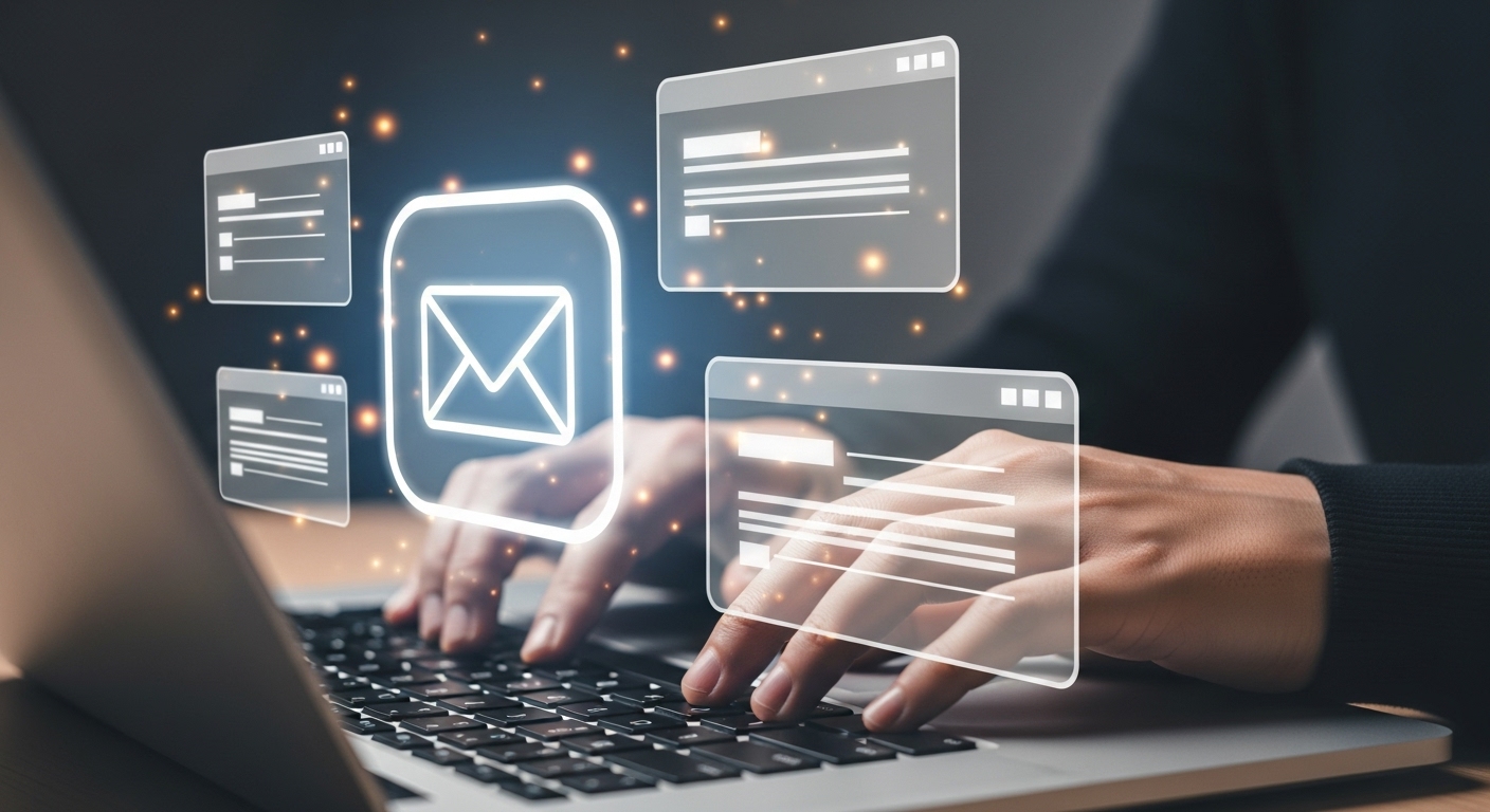 Mãos escritas em um notebook com ícones de e-mail e janelas digitais flutuando ao redor. A cena sugere automação e copywriting estratégico com uso direto de gatilhos mentais.
