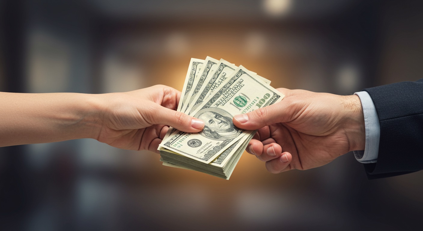 Mãos trocando notas de dólar, simbolizando os ganhos potenciais no marketing de afiliados. A imagem transmite a ideia de recompensa financeira e sucesso que pode ser alcançado através de programas de afiliação.