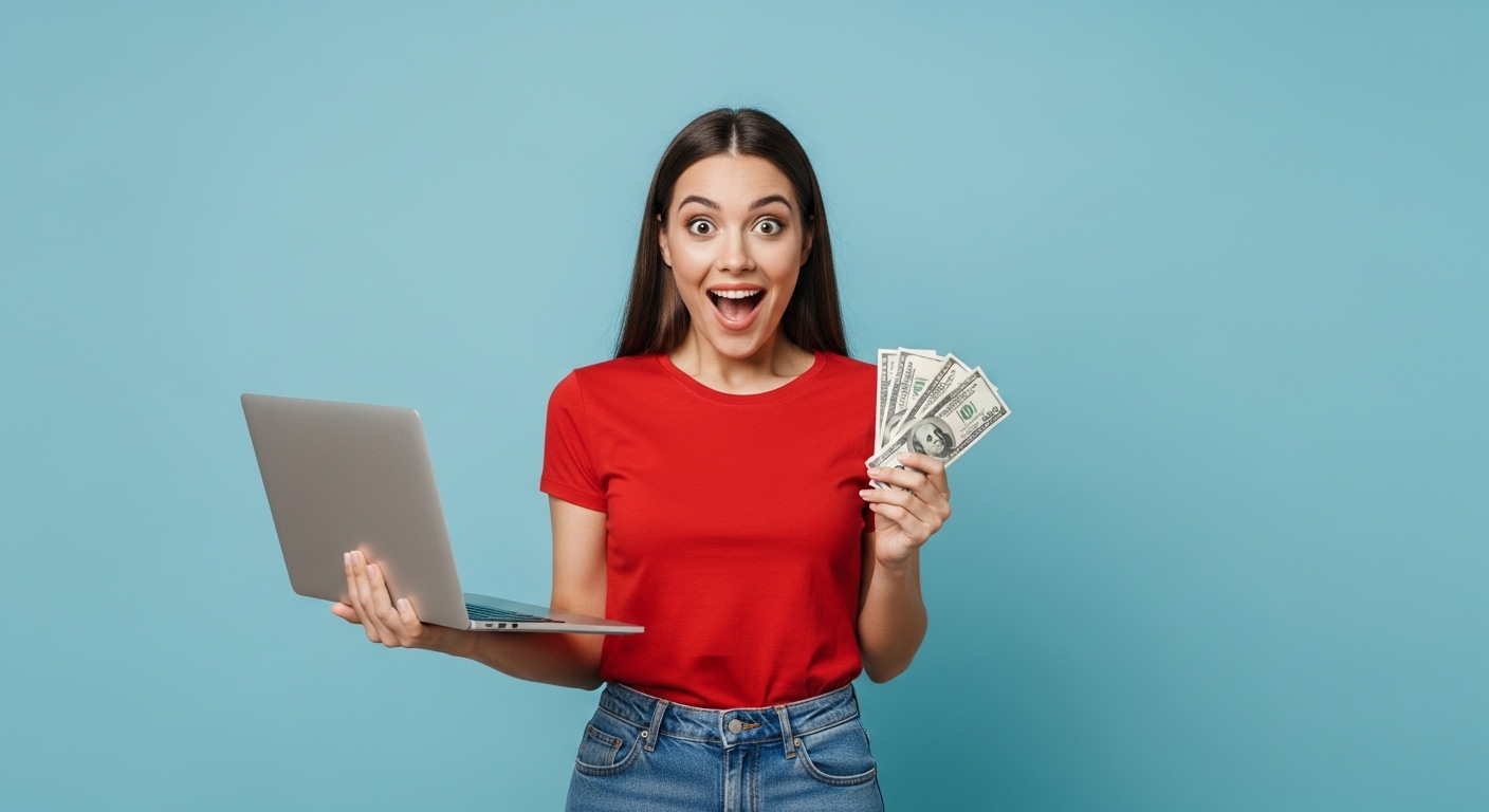 Mulher empolgada em camisa vermelha, segurando um laptop e notas de dinheiro, representando o sucesso potencial no marketing de afiliados. Sua expressão de surpresa e alegria sugere os ganhos inesperados que podem ser obtidos através de programas de afiliação.