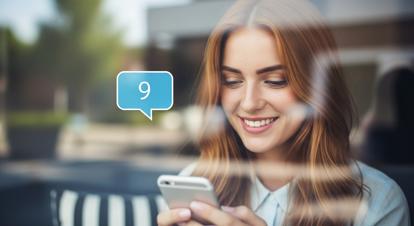 Tudo sobre Social Media: Descubra o que É, Principais Funções e Salários no Mercado Atual 2 Mulher sorrindo enquanto digita no smartphone, com um ícone de mensagem aparecendo ao lado. A comunicação instantânea pelas Social Media permite interações rápidas e dinâmicas em qualquer lugar.