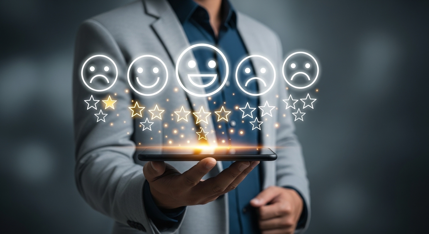 Pessoa segurando um smartphone com avaliações em formato de emojis e estrelas flutuando acima. Uma clara alusão ao gatilho mental da prova social, onde opiniões moldam percepções.