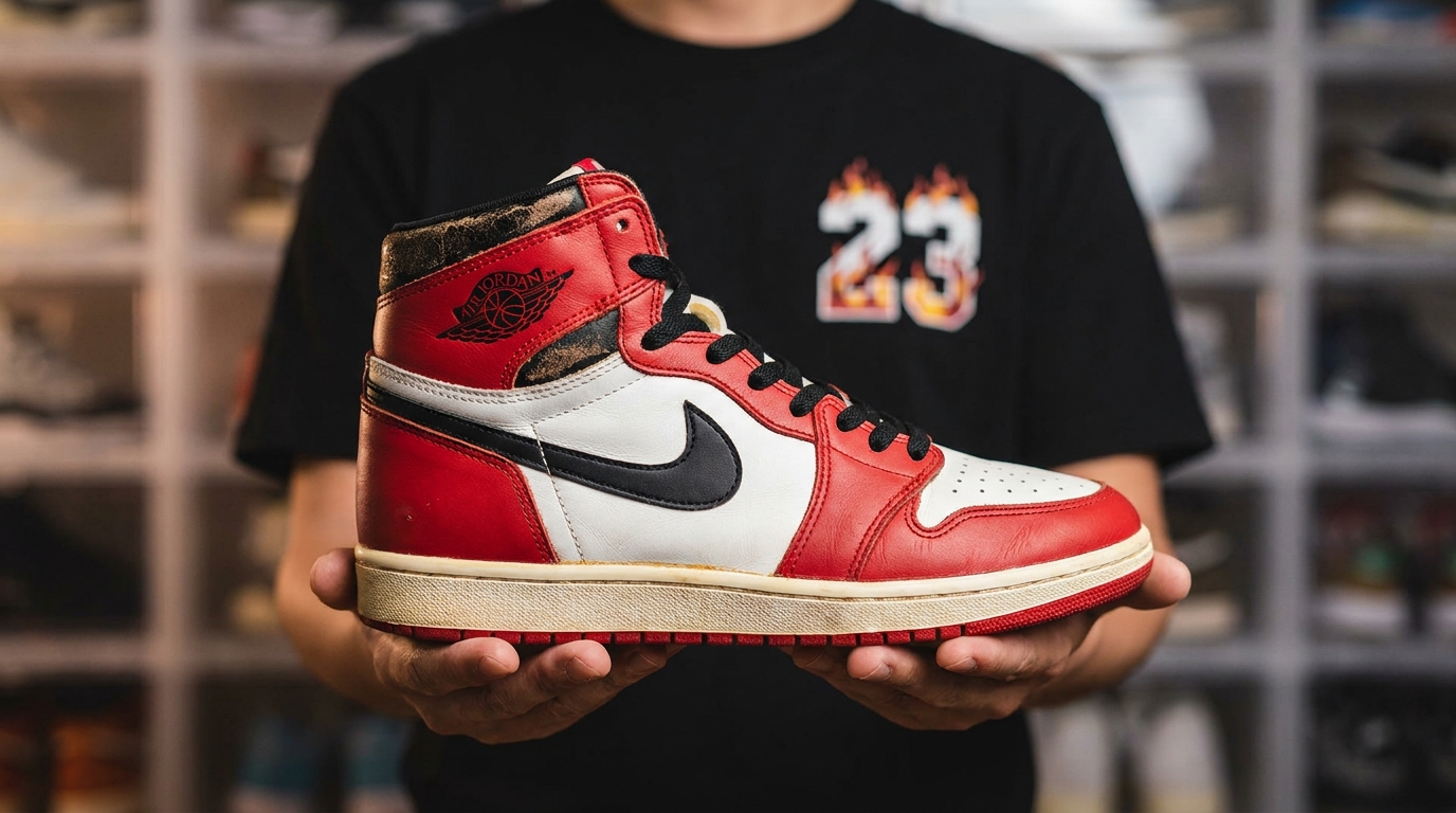 Tênis Nike Air Jordan vermelho e branco com o logotipo icônico da Nike, sendo segurado por uma pessoa com camiseta preta. Um exemplo perfeito de produto com forte apelo visual para estratégias de Marketing de Conteúdo no setor de moda e esportes.