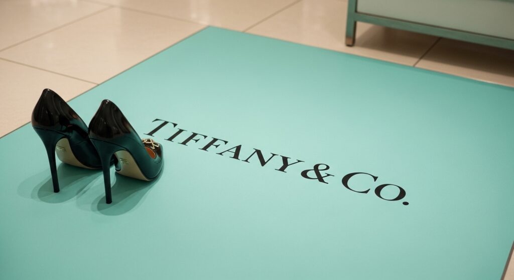 Logotipo da Tiffany & Co. no chão, com um par de sapatos de salto alto femininos ao lado, revelando um ambiente sofisticado que atrai clientes de alto padrão para a marca de joias de luxo.