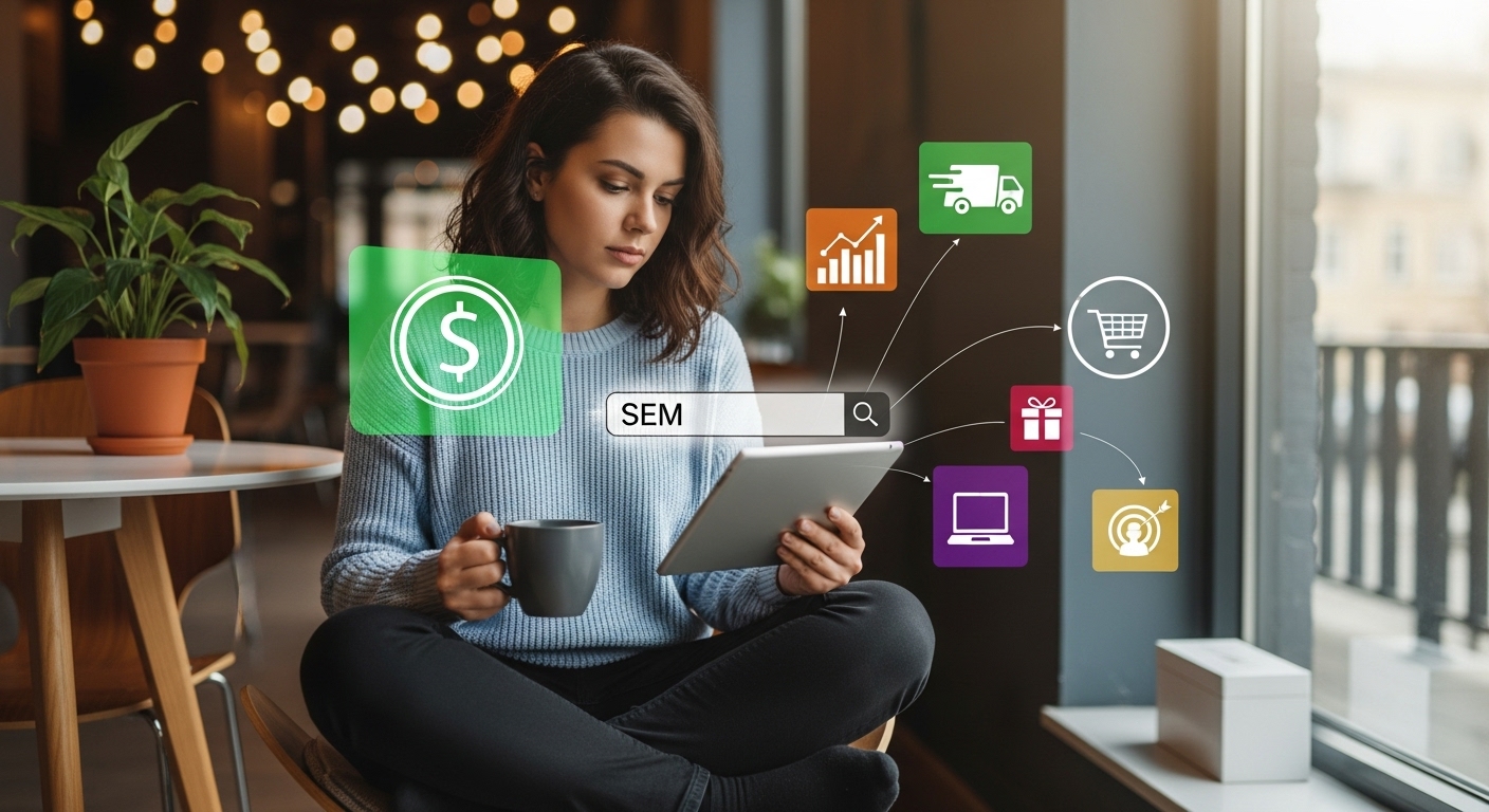 Mulher segurando um tablet com gráficos digitais e elementos de marketing digital, representando o uso de anúncios pagos e SEO.