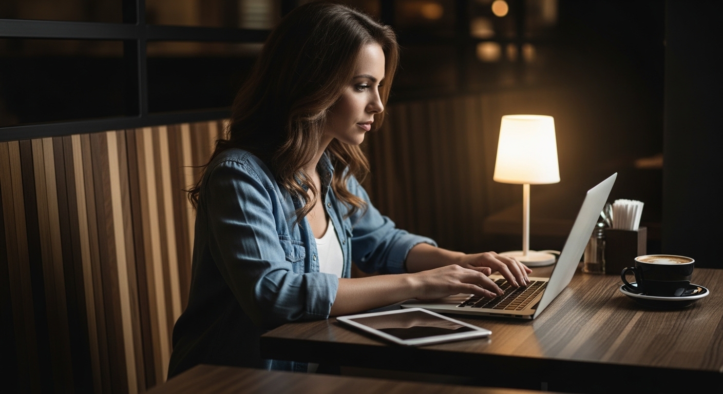 O que é Copy? Os princípios e o que você precisa saber sobre Copy 3 Uma mulher digitando em seu laptop enquanto toma café, provavelmente escrevendo uma copy para estratégias de vendas ou marketing digital.