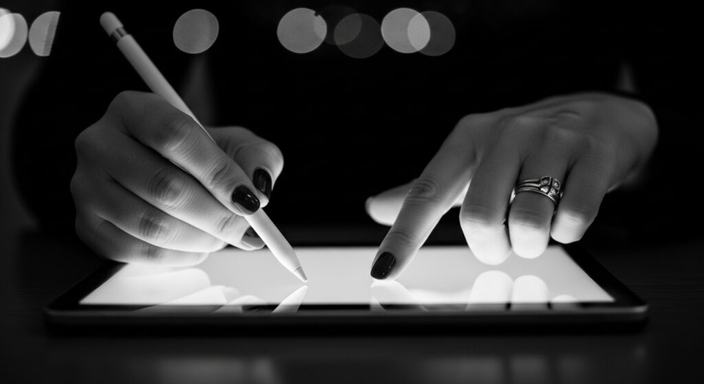Uma pessoa desenhando em uma tela de tablet, utilizando uma caneta estilográfica, criando uma "copy" digital de suas ideias e projetos criativos.